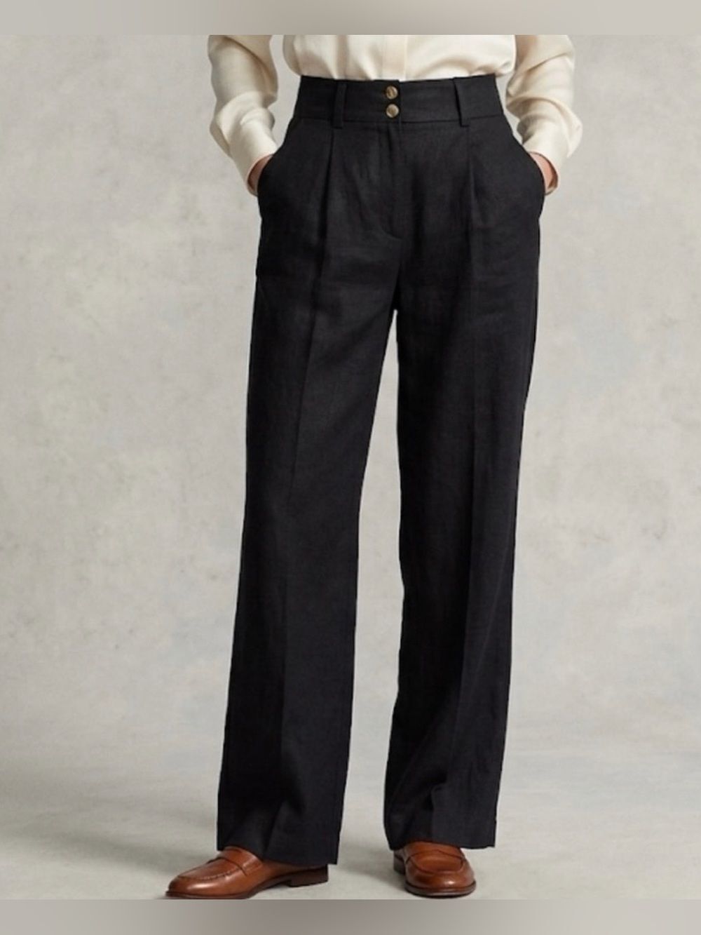 Crosby. Black Wide Leg Linen Blend Pleated Summer Casual Vacation Pant
